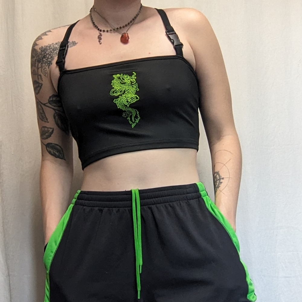 3/$25 Neon Green Buckle Dragon Crop Top